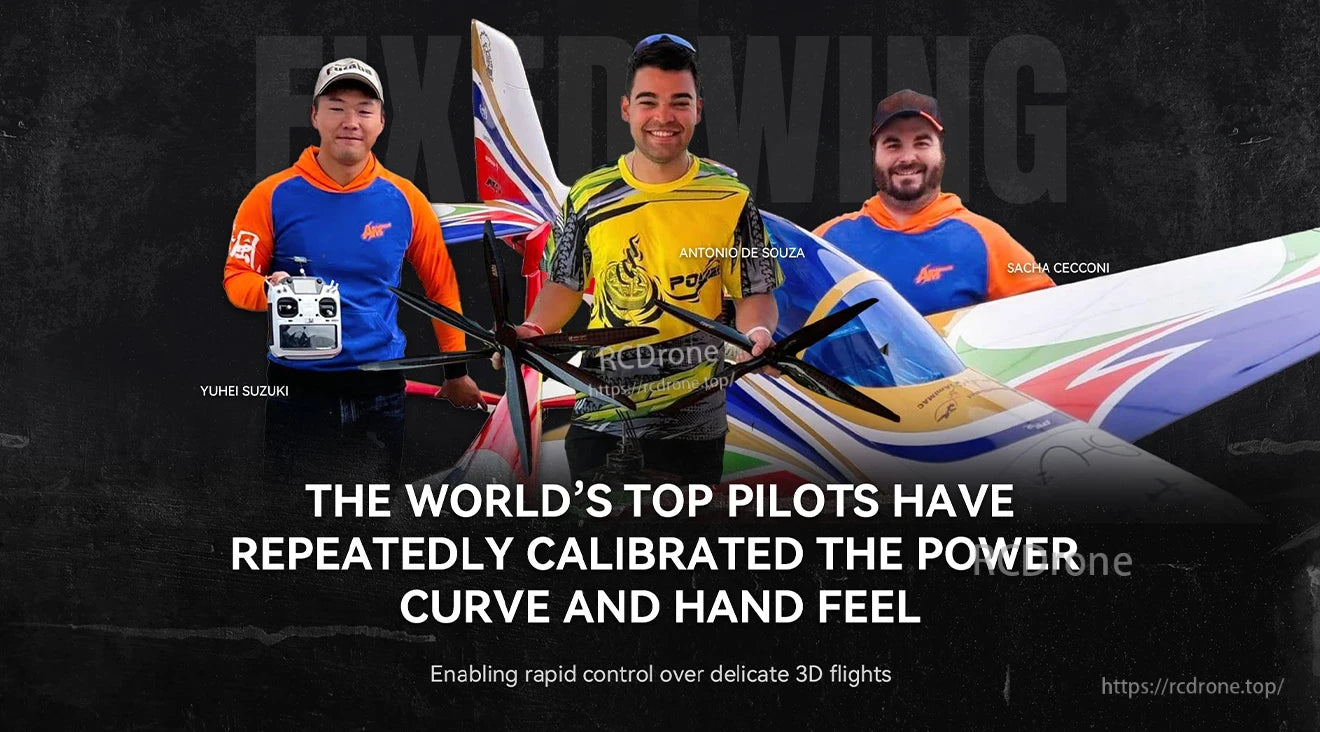 T-Motor AM216A Fixed Wing ESC, Three RC airplane pilots holding large model aircraft and a radio transmitter with promotional text overlay