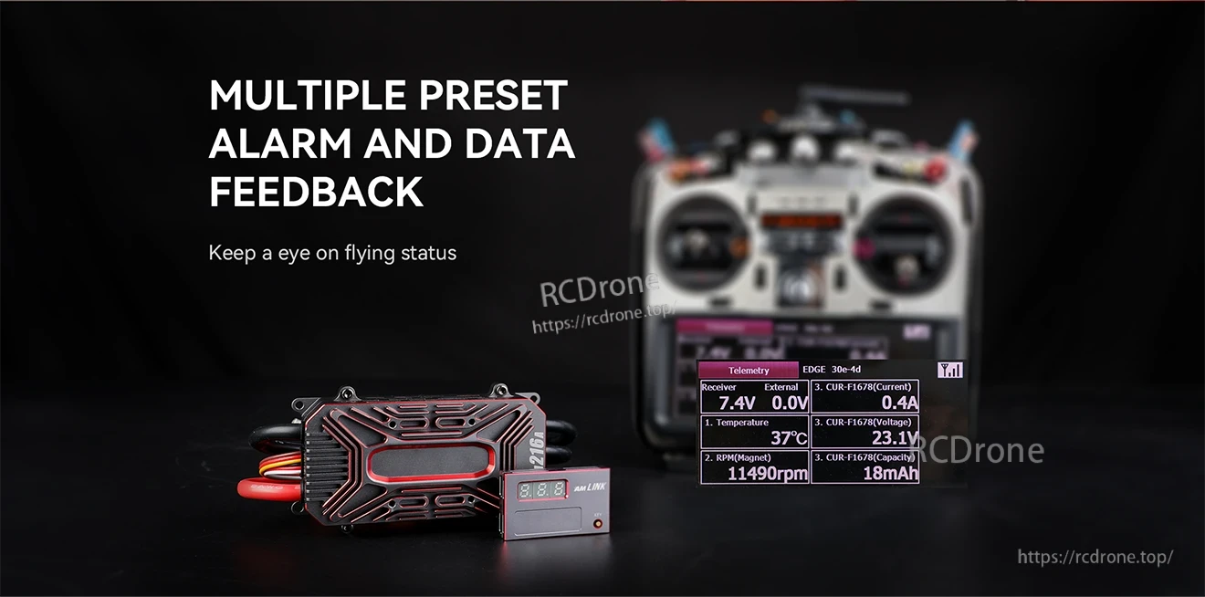 T-Motor AM216A fixed wing ESC with red heatsink and AM LINK module, shown with transmitter telemetry readout