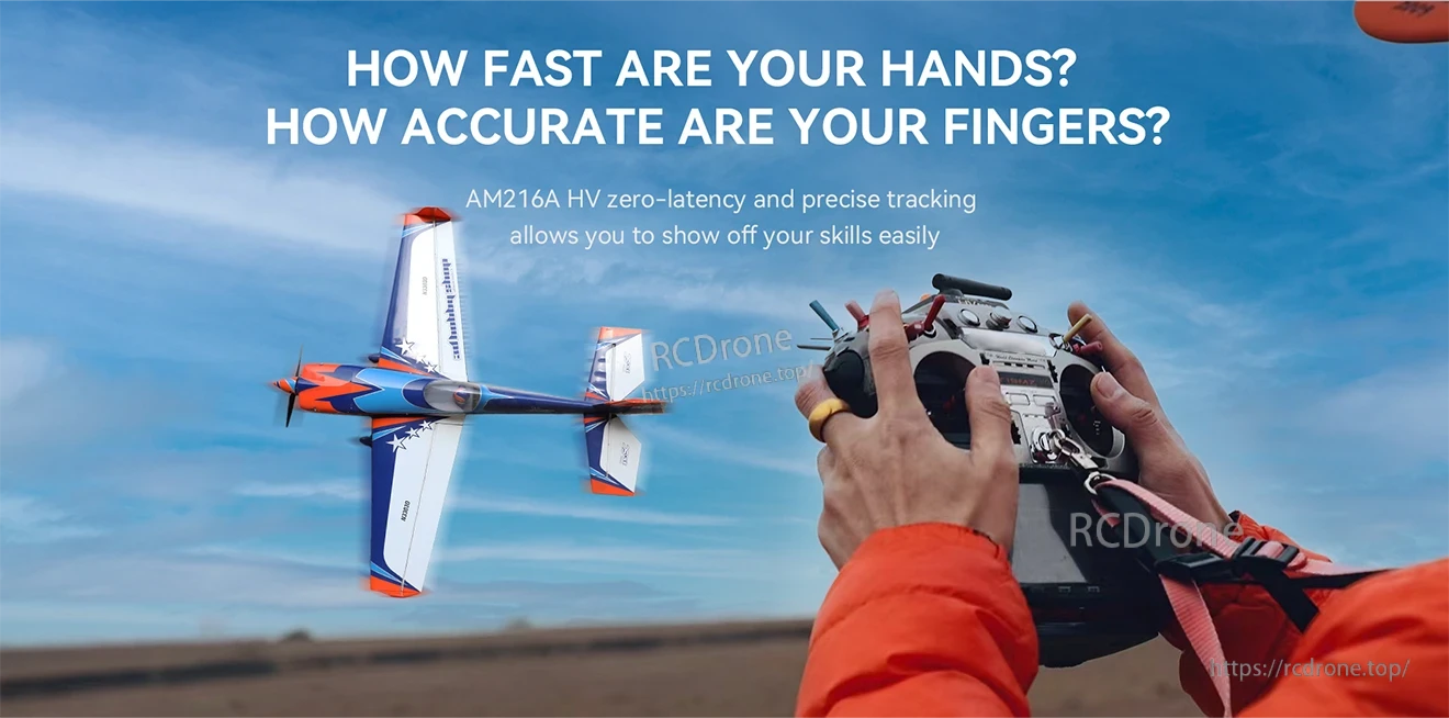 T-Motor AM216A Fixed Wing ESC, AM216A HV promotional banner with RC airplane in flight and hands holding a radio transmitter controller