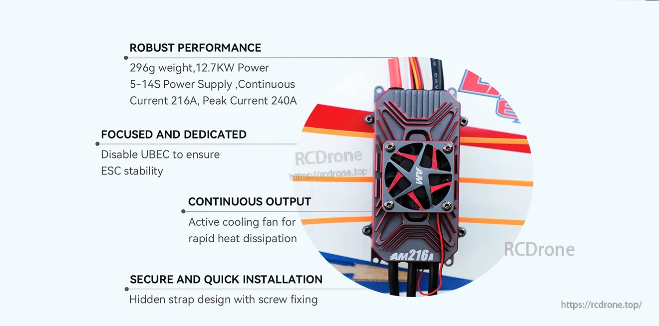 T-Motor AM216A fixed wing ESC with active cooling fan, 5–14S input, 216A continuous and 240A peak rating