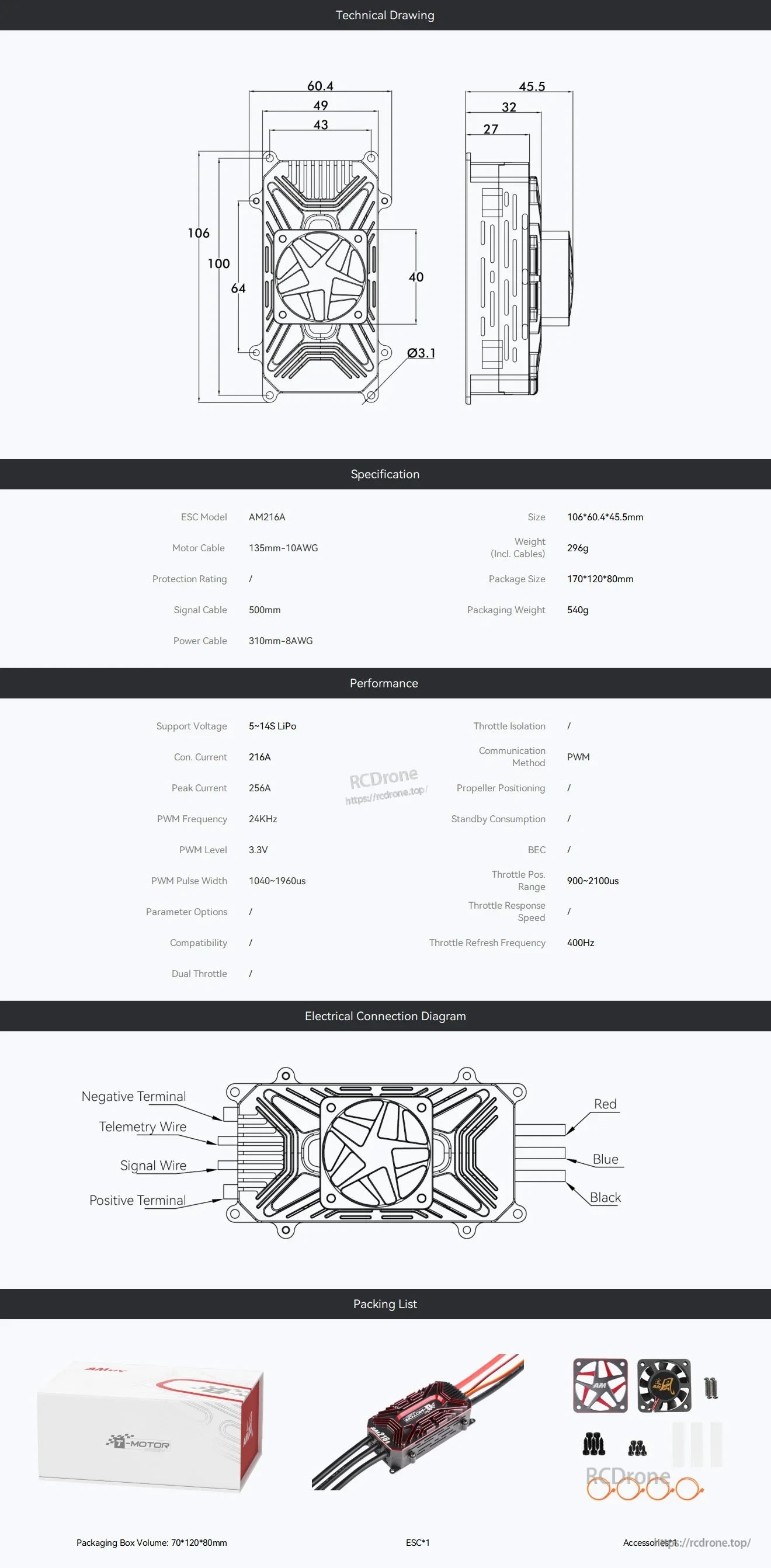 T-Motor AM216A fixed wing ESC technical drawing with dimensions, wiring diagram, and packing list accessories