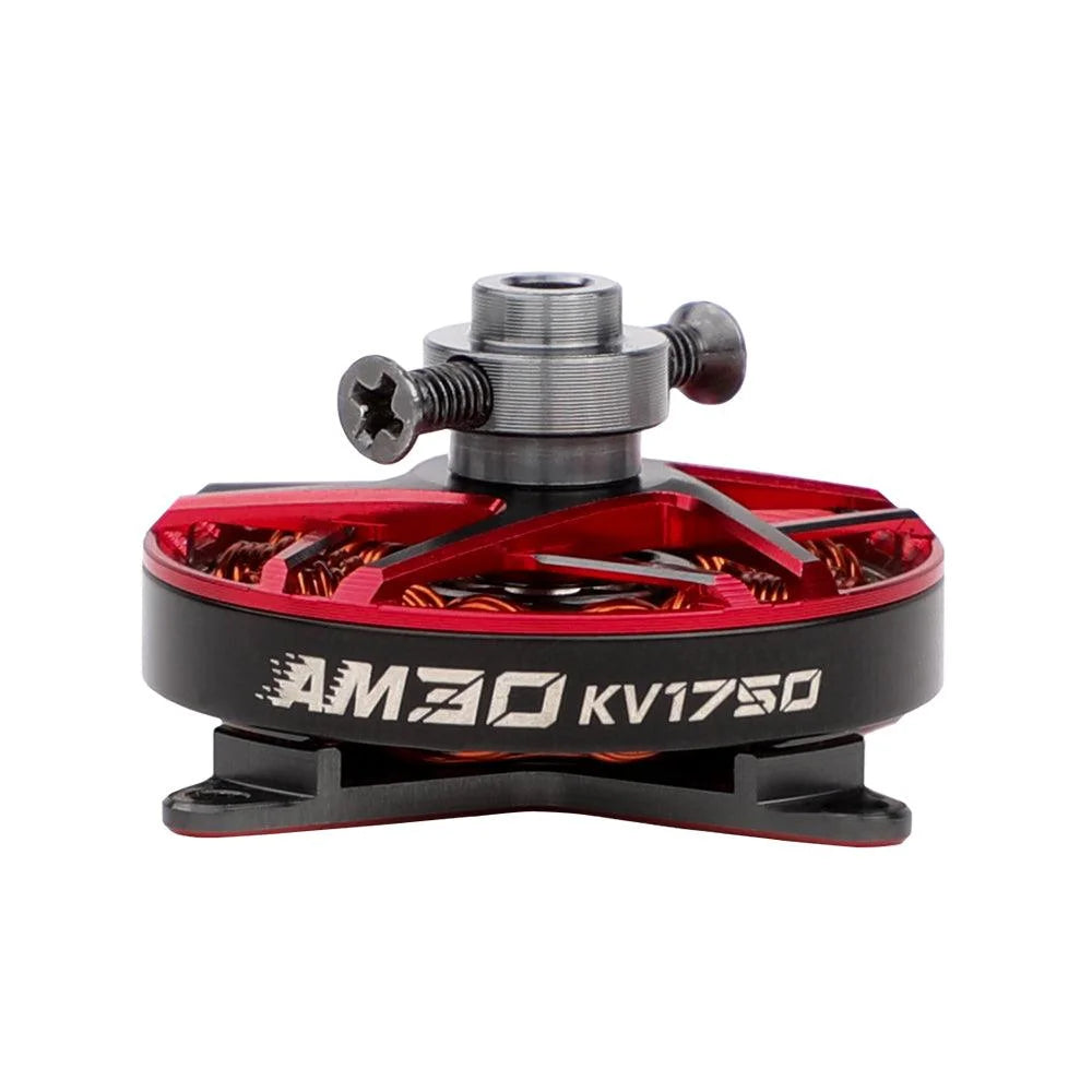 T-Motor AM30 KV1750 brushless drone motor with red anodized top, exposed copper windings, and prop adapter