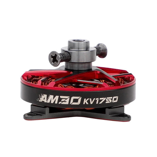 T-Motor AM30 KV1750 brushless drone motor with red anodized top, exposed copper windings, and prop adapter