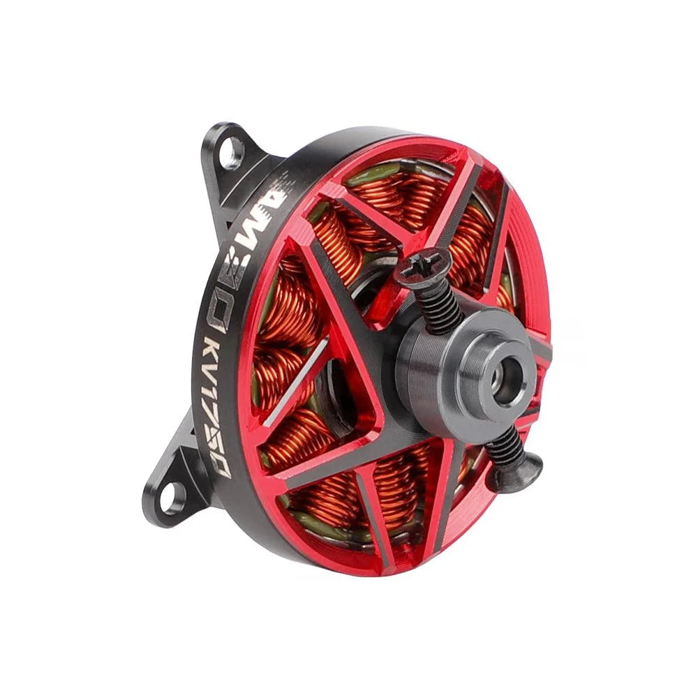 T-Motor brushless outrunner motor with red anodized bell, exposed copper windings, and mounting bracket