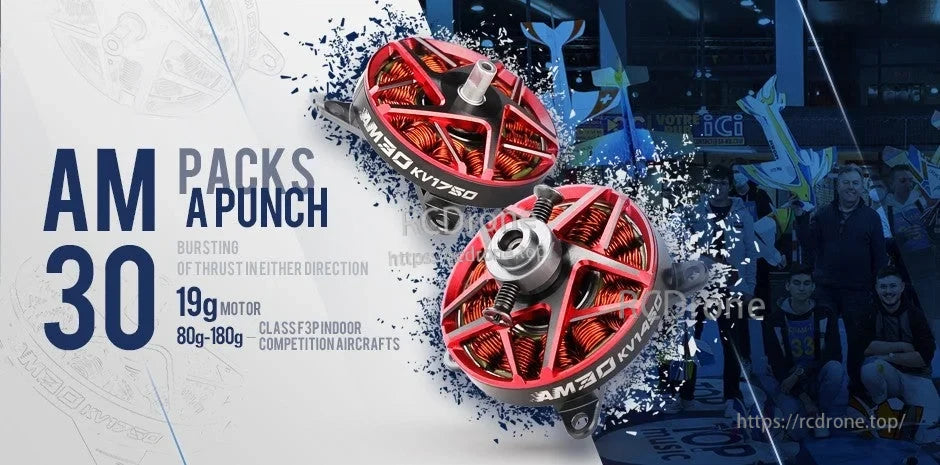 T-Motor AM30 brushless drone motors in red, labeled AM30 KV1750, for 80–180g indoor aircraft