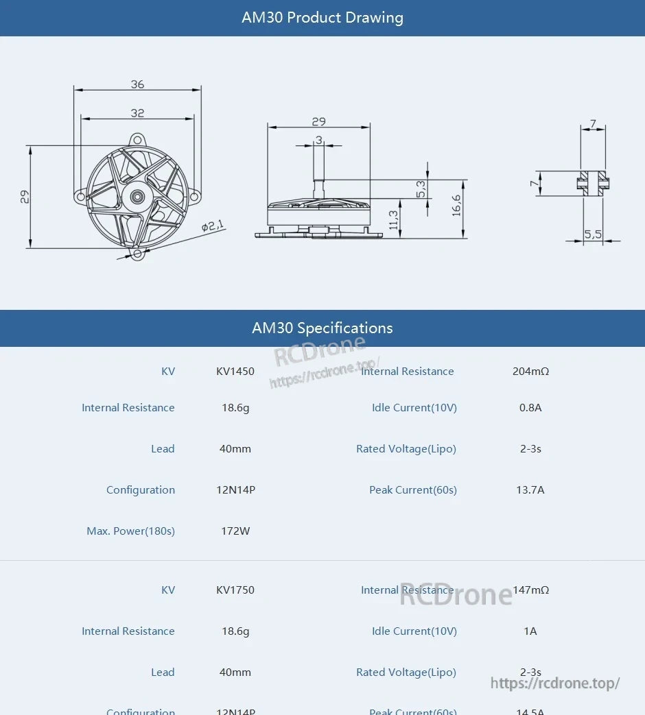 T-Motor, AM30 motor product drawing with dimensions and spec table showing KV1450/KV1750, 18.6g weight, and 2–3S LiPo rating