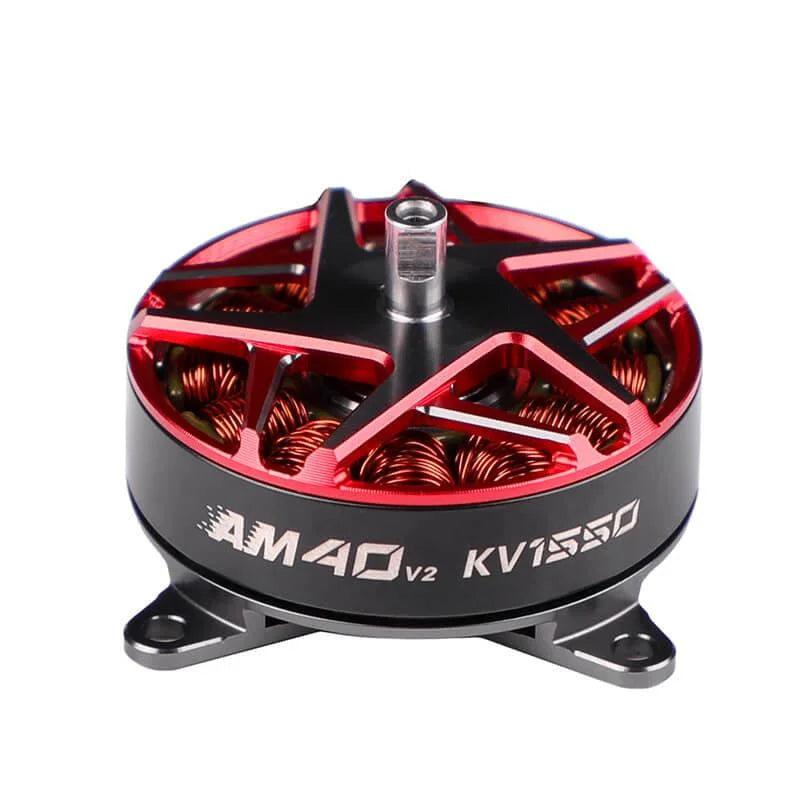 T-Motor AM40 V2 KV1850 brushless motor with red open-bell housing, exposed copper windings, and mounting base