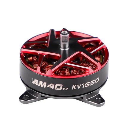 T-Motor AM40 V2 KV1850 brushless motor with red open-bell housing, exposed copper windings, and mounting base