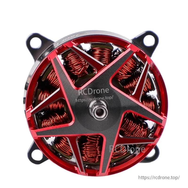 Top view of T-Motor brushless outrunner motor with red and black rotor cap and exposed copper windings
