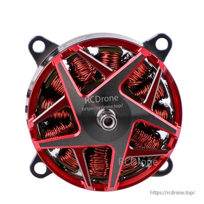 Top view of T-Motor brushless outrunner motor with red and black rotor cap and exposed copper windings
