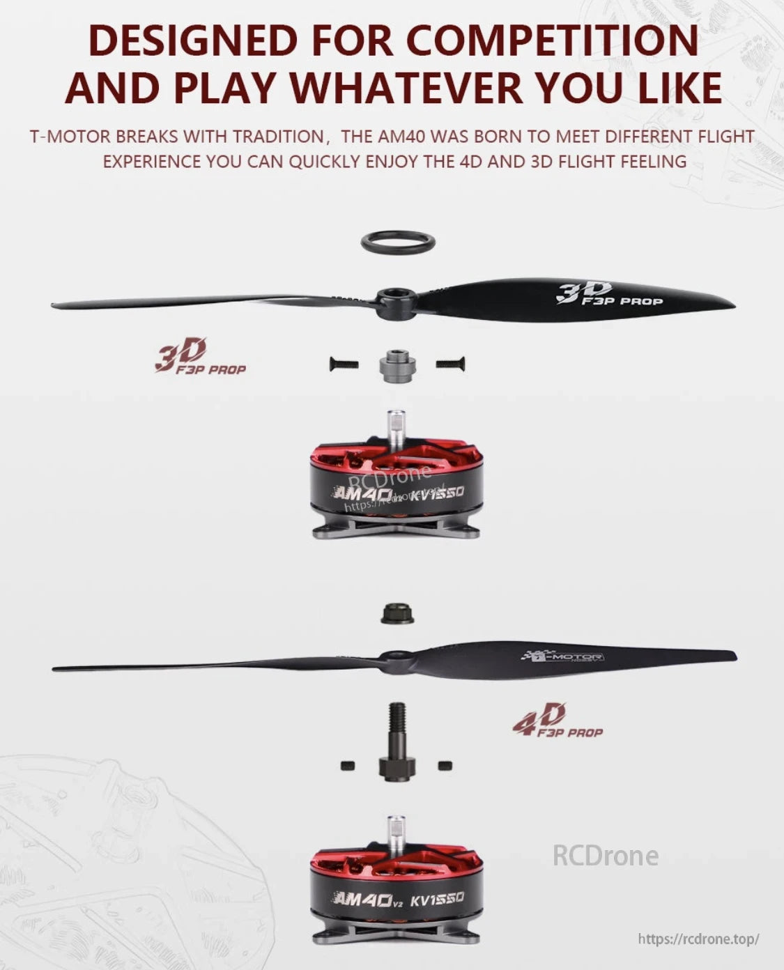 T-Motor AM40 V2 KV1550 brushless motor with 3D/4D F3P propeller and mounting hardware