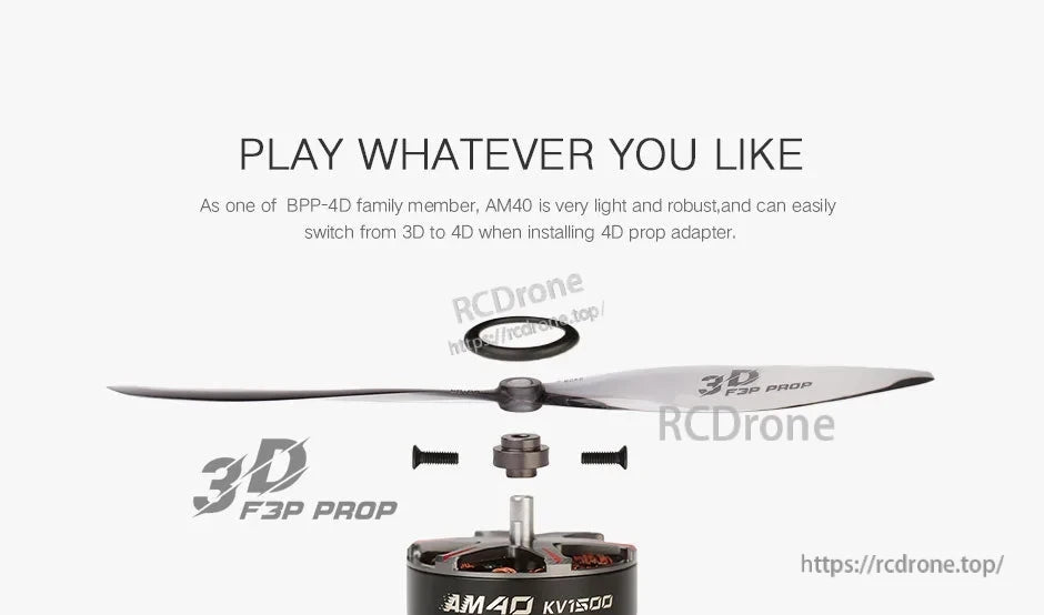 T-Motor AM40 brushless motor with 3D F3P prop and included prop adapter parts and mounting screws
