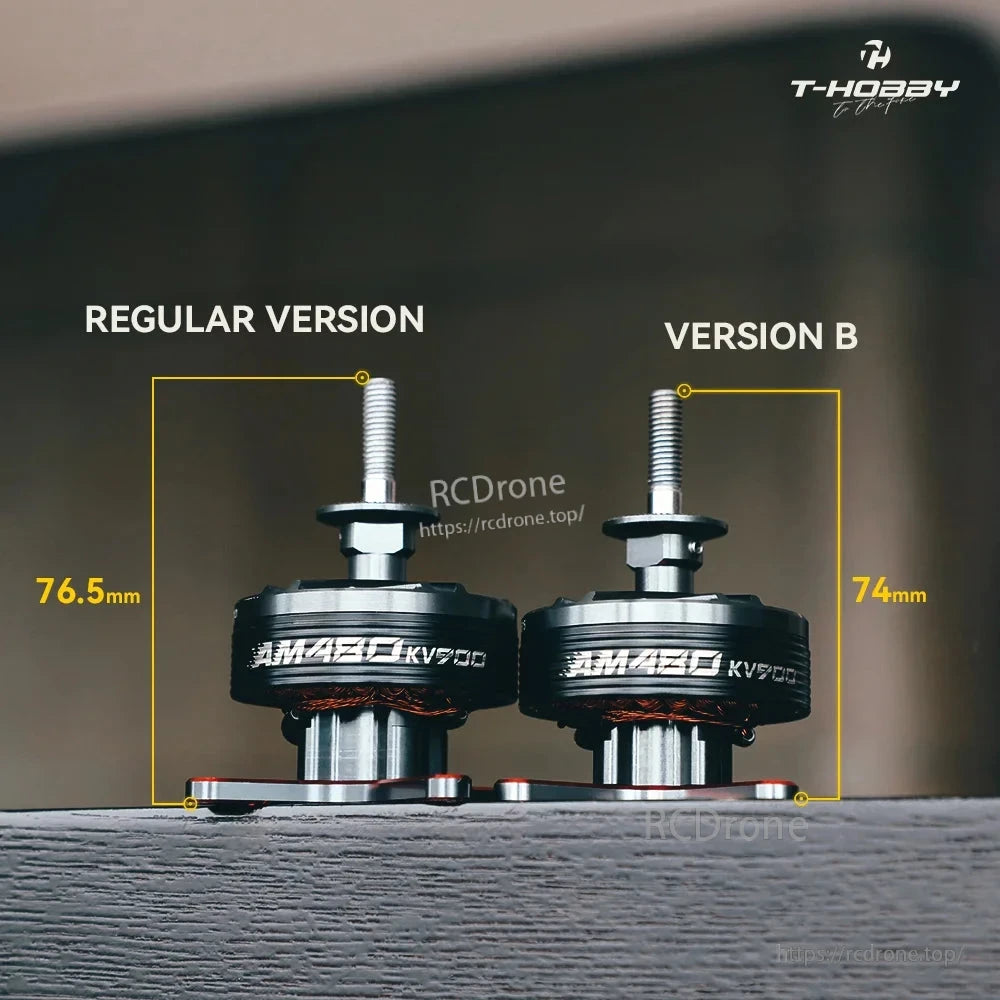 T-Motor, Side-by-side AM4260 brushless drone motors, regular version vs version B, with height marked 76.5mm and 74mm