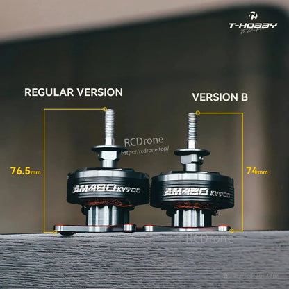 T-Motor, Side-by-side AM4260 brushless drone motors, regular version vs version B, with height marked 76.5mm and 74mm