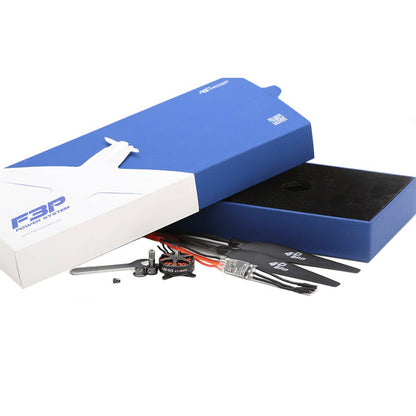 T-Motor P3P power system kit with motor, ESC, propellers, and mounting hardware in blue retail box