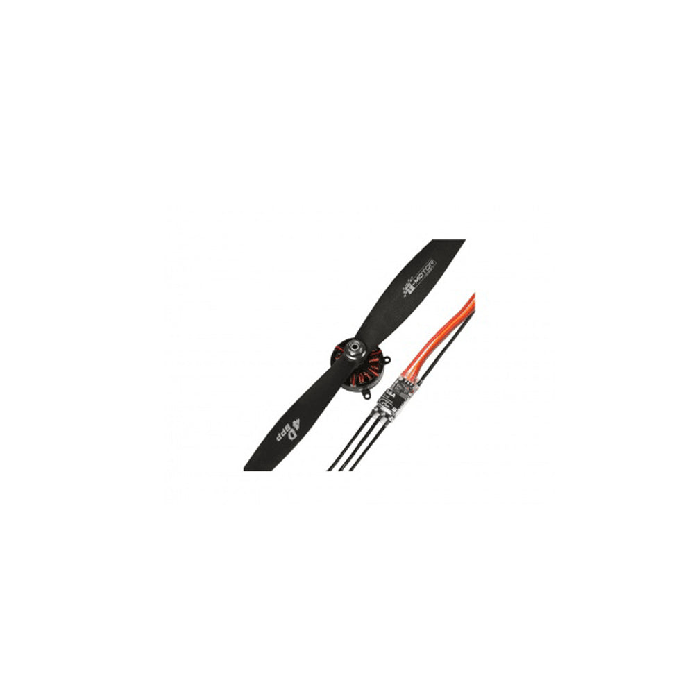 T-Motor brushless drone motor with black propeller and attached ESC wiring harness