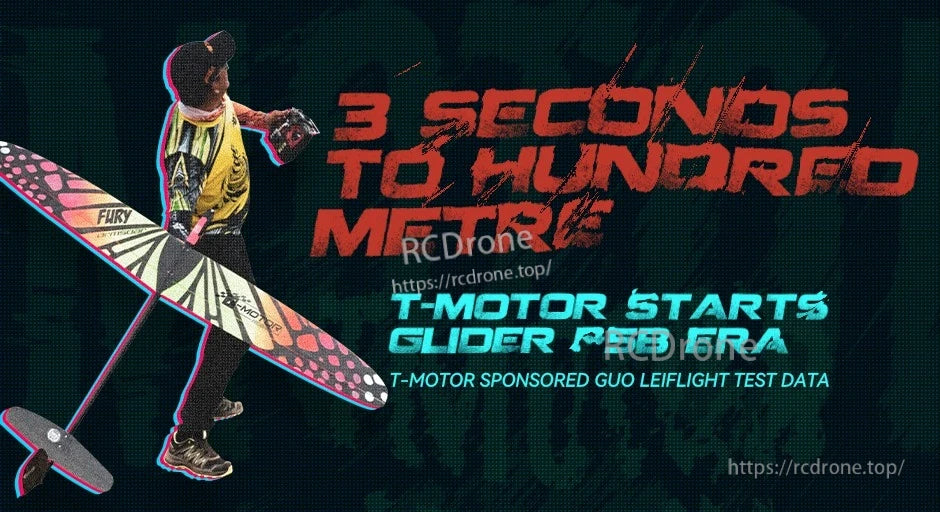 T-Motor AM53A 2S ESC, T-Motor promotional graphic with RC glider and pilot, featuring text “3 seconds to hundred metre” and “Starts glider P5B era”.