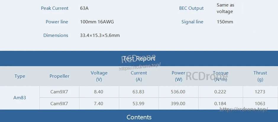 T-Motor AM53A 2S ESC spec sheet showing 63A peak current, 33.4×15.3×5.6mm size, and wiring lengths
