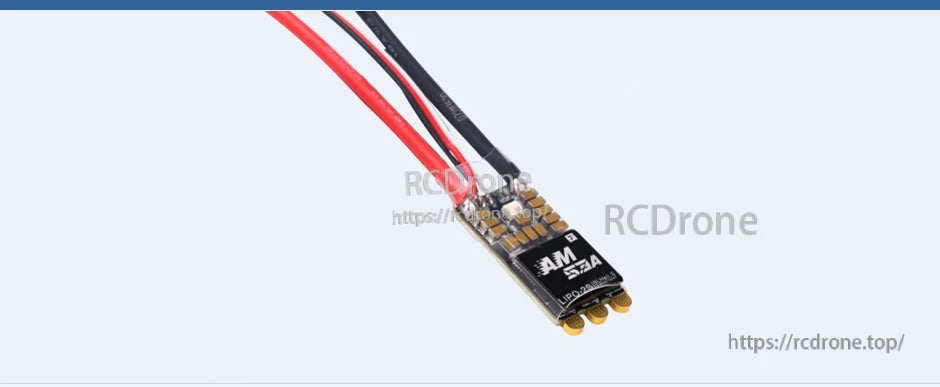 T-Motor AM53A 2S ESC board with pre-soldered red/black power leads and gold pads on a compact PCB