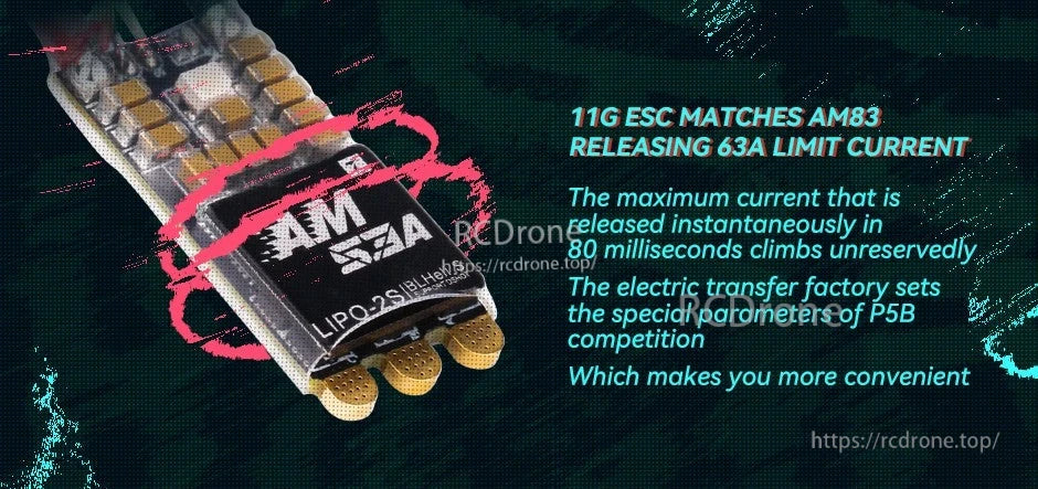 T-Motor AM53A 2S ESC, T-Motor AM 53A LiPo 2S ESC module with gold solder pads, labeled BLHeli_S and 11g/53A limit current