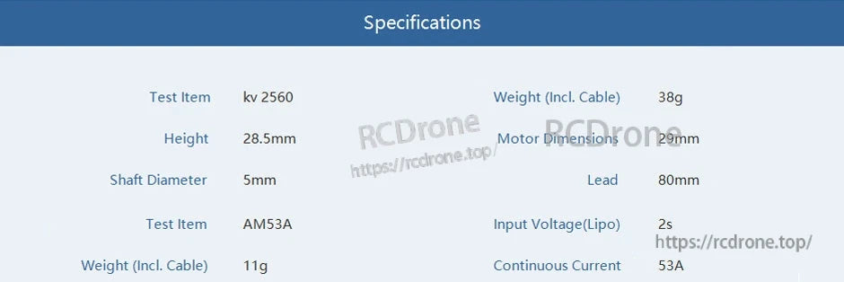 T-Motor AM53A 2S ESC specifications table showing 53A continuous current, 2S input, 80mm lead and 11g weight.