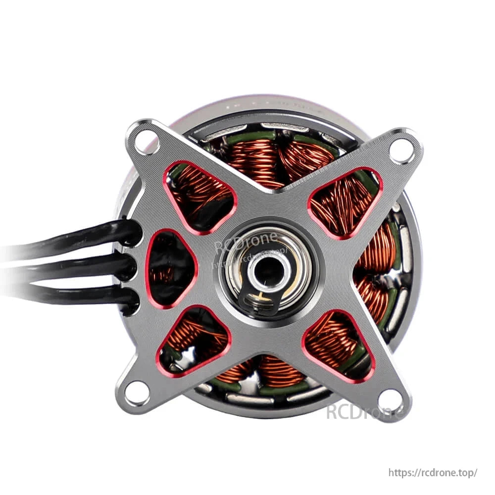 T-Motor brushless drone motor close-up with X mounting plate, visible copper windings, and three black wires