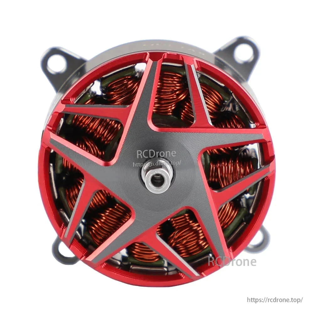 Top view of a T-Motor brushless drone motor with red and gray cap, exposed copper windings, and four mounting tabs