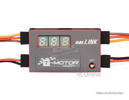 T-Motor AM LINK programming module with 3-digit LED display and key button, wired connectors on both sides