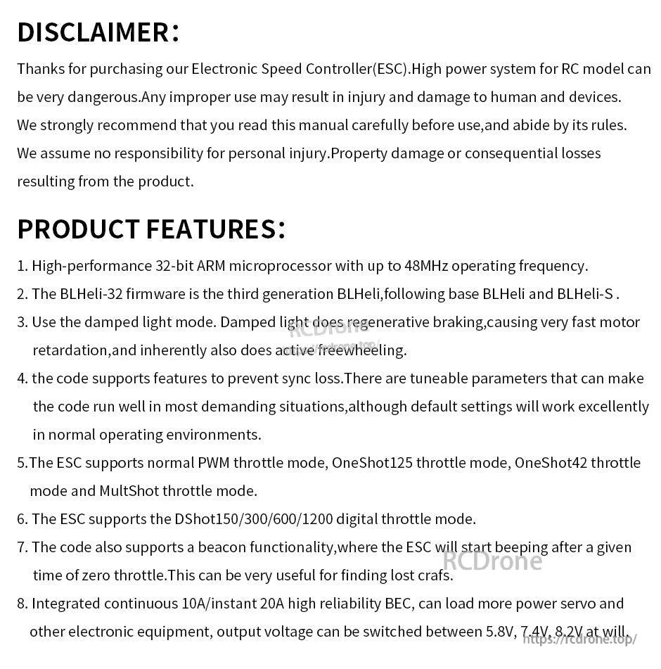 T-Motor AM66A ESC manual page listing features like BLHeli-32, DShot150/300/600/1200 and 10A/20A BEC