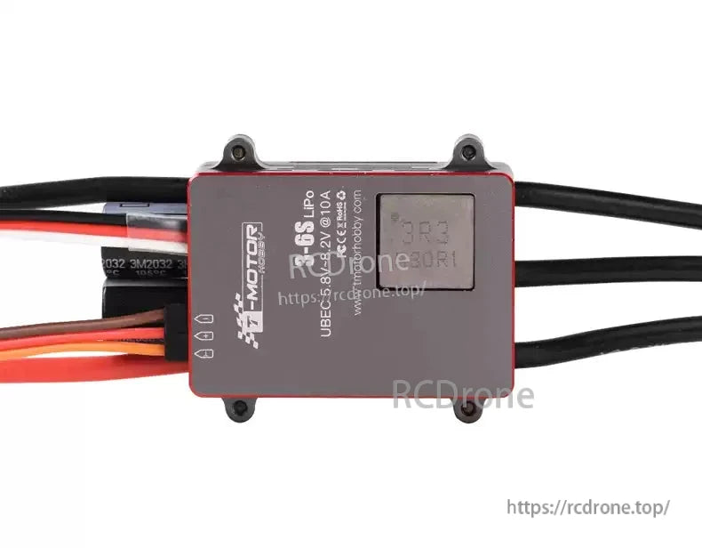 T-Motor AM66A fixed-wing ESC module with 3–6S LiPo label, UBEC 5–8.2V 10A, and attached wiring