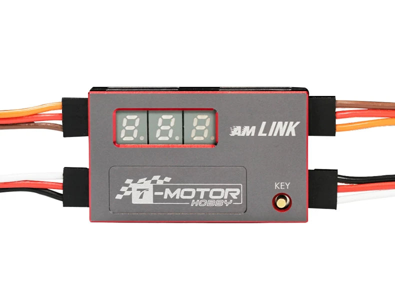 T-Motor AM LINK programming module with 3-digit display, key button, and servo-style lead connectors