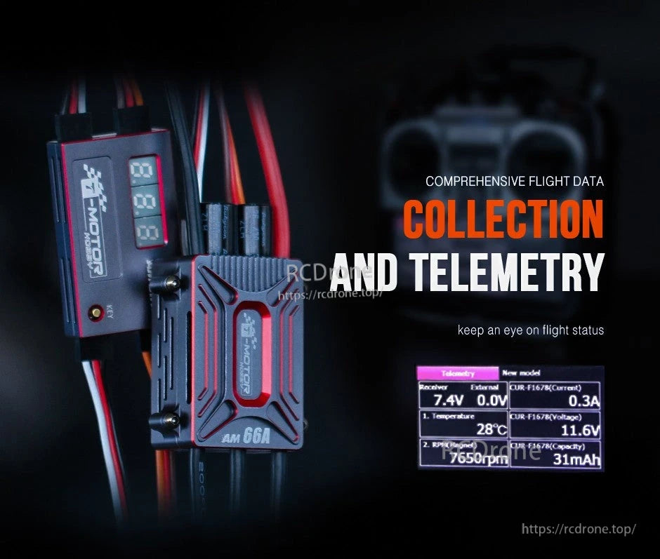 T-Motor AM66A fixed-wing ESC with AM Link module, wiring harness, and on-screen telemetry data display
