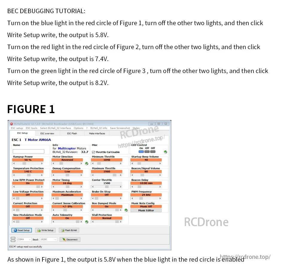 BLHeliSuite setup screen for T-Motor AM66A ESC showing BEC debugging instructions and 5.8V output setting