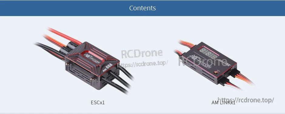 T-Motor AM66A ESC and AM Link module with attached wiring, contents view showing ESC x1 and AM Link x1