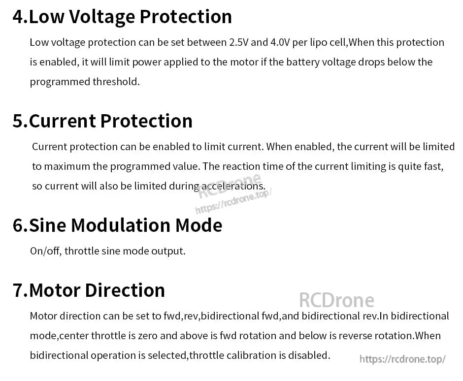 T-Motor AM66A ESC settings page showing low voltage protection, current protection, sine mode, and motor direction options