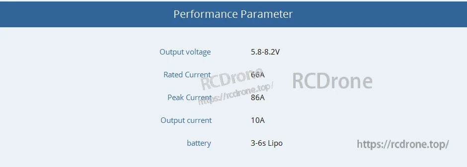 Performance parameters for T-Motor AM66A fixed wing ESC: 5.8–8.2V output, 66A rated, 86A peak, 3–6S LiPo