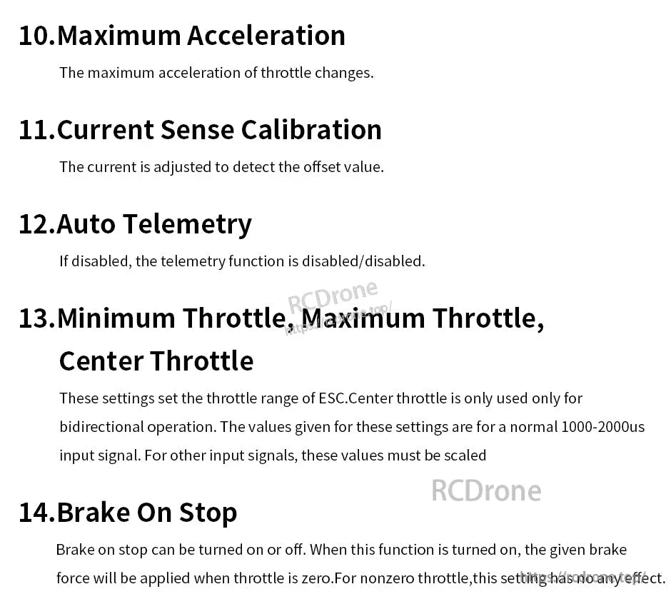 T-Motor AM66A ESC manual page listing settings: maximum acceleration, current sense calibration, auto telemetry, throttle range, brake on