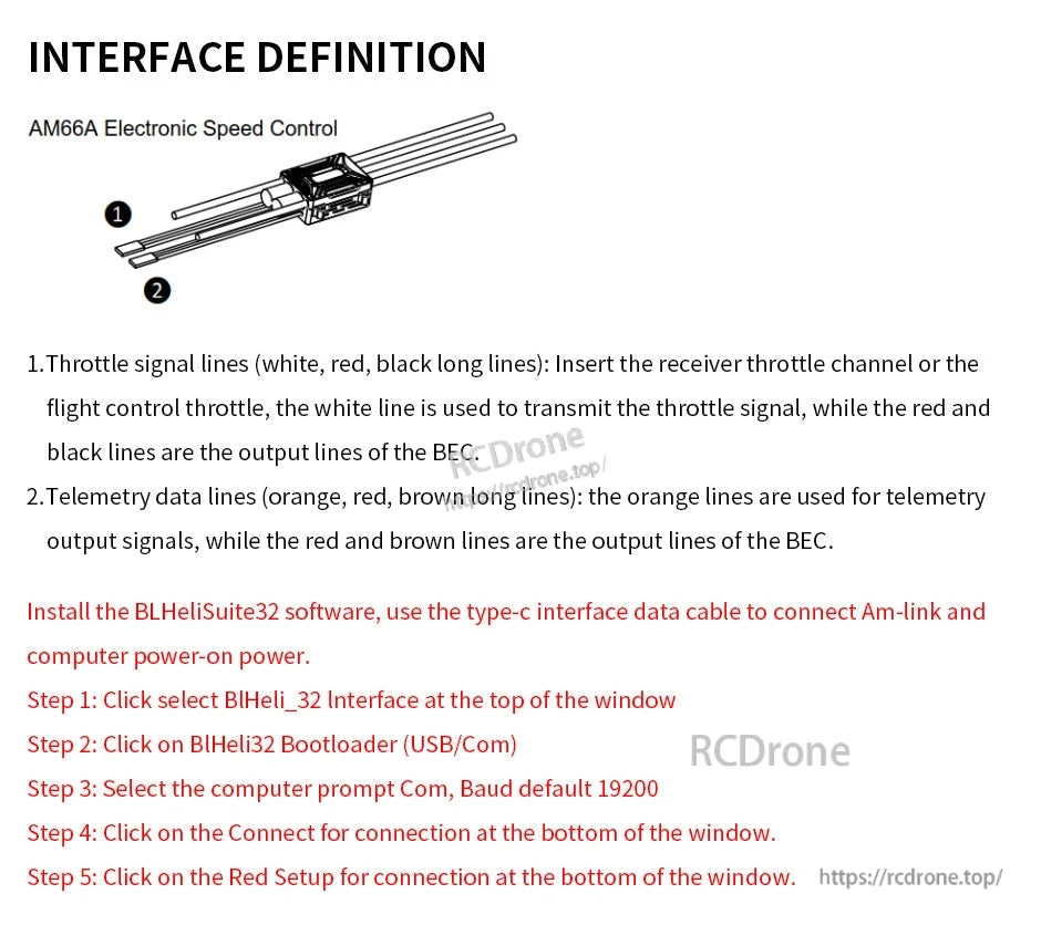 T-Motor AM66A ESC interface diagram showing throttle signal and telemetry wire connections plus BLHeliSuite32 Type-C setup