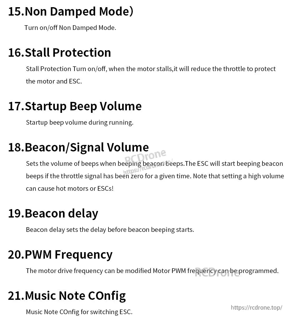ESC settings list for Non Damped Mode, Stall Protection, beep volume, beacon delay, PWM frequency, and music note config