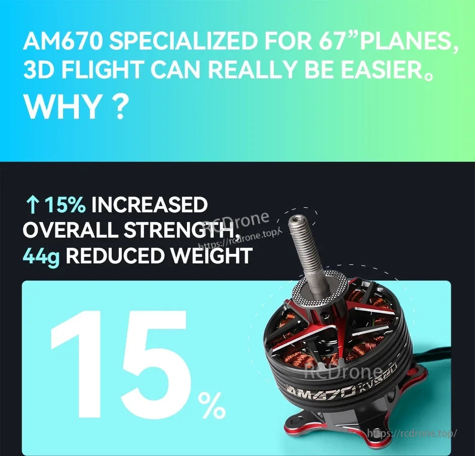 T-Motor AM670 brushless motor with red and black frame and long shaft, labeled for 67-inch planes