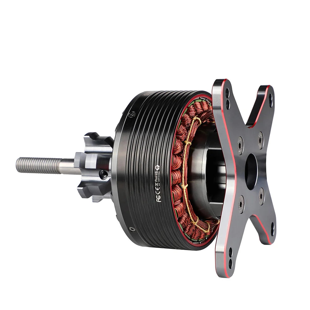 T-Motor brushless outrunner motor with exposed copper windings, threaded shaft, and multi-hole mounting plate