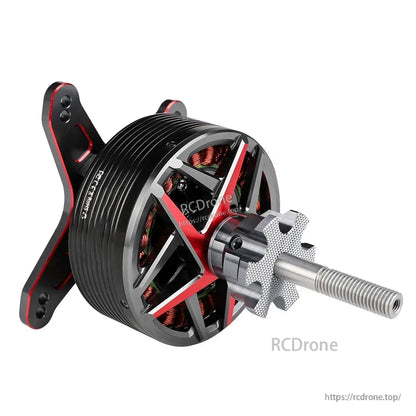 T-Motor brushless drone motor with finned black housing, red accents, cross mount, and long threaded shaft