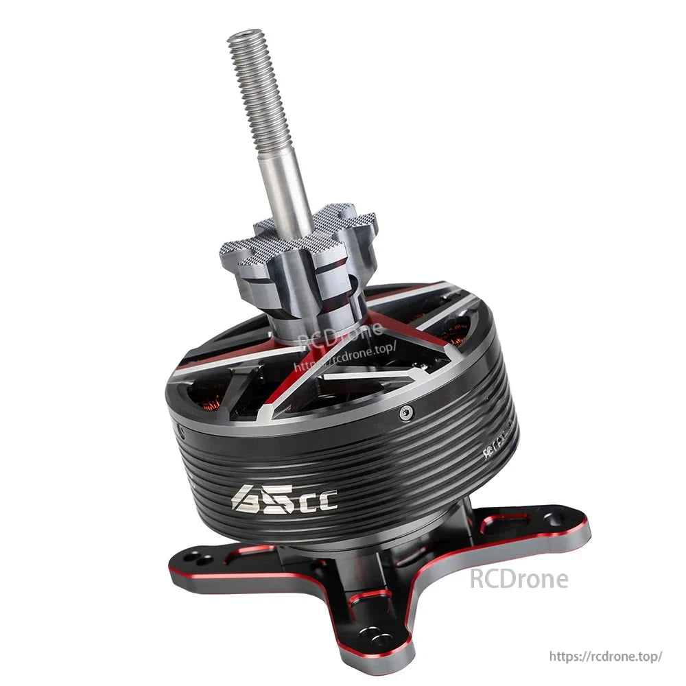 T-Motor 85cc brushless drone motor with long threaded shaft, black housing, and cross mounting base