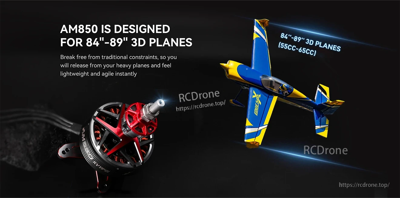 T-Motor AM850 brushless motor for 84–89 inch 3D RC planes, shown with a blue and yellow aerobatic aircraft