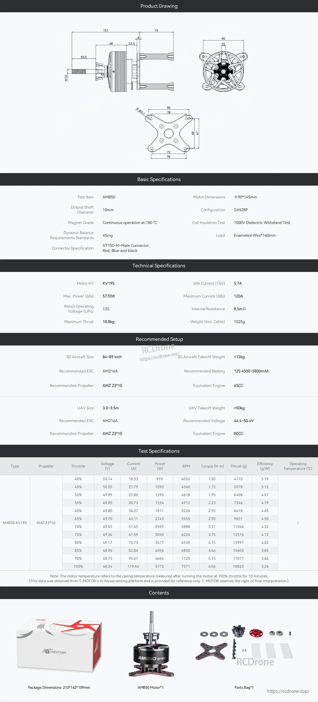 T-Motor AM850 KV195 brushless motor drawing and spec sheet with dimensions, test data, and included parts list