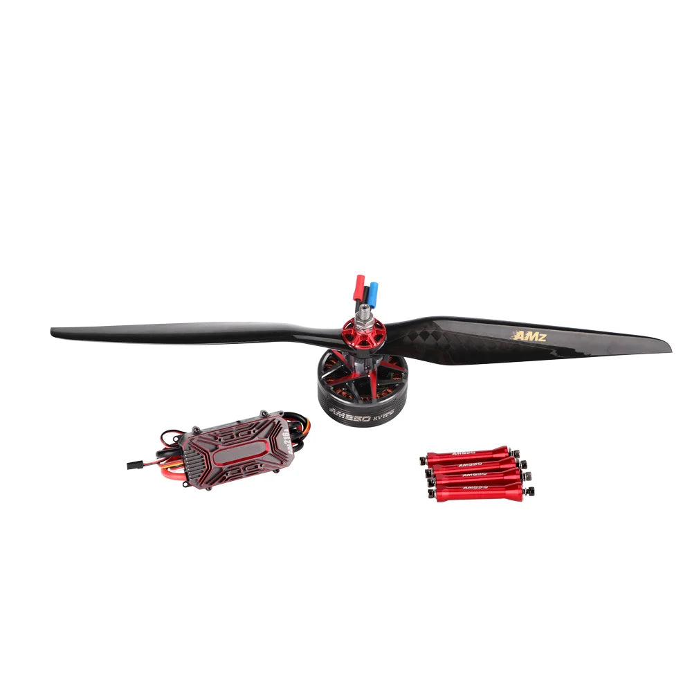 T-Motor brushless motor with carbon-fiber propeller, ESC module, and red battery cells on white background
