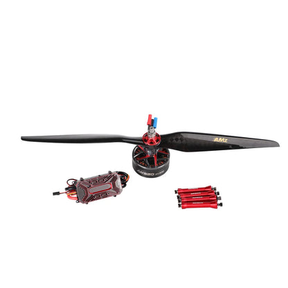 T-Motor brushless motor with carbon-fiber propeller, ESC module, and red battery cells on white background