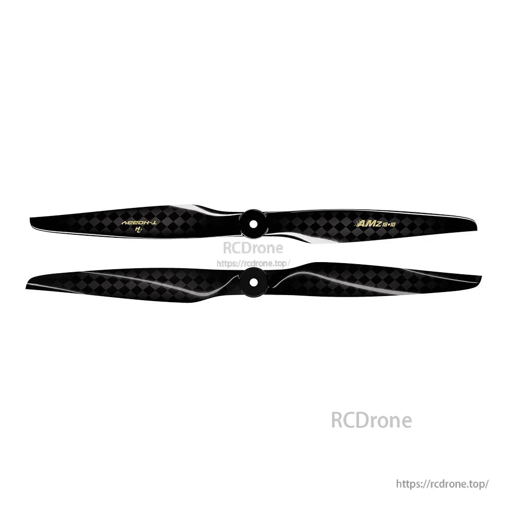 Pair of T-Motor AMZ 18x10 carbon fiber propellers with black checkered blades