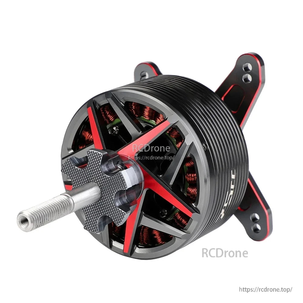 T-Motor brushless drone motor with threaded shaft, black ribbed housing, red accents, and X-style mount