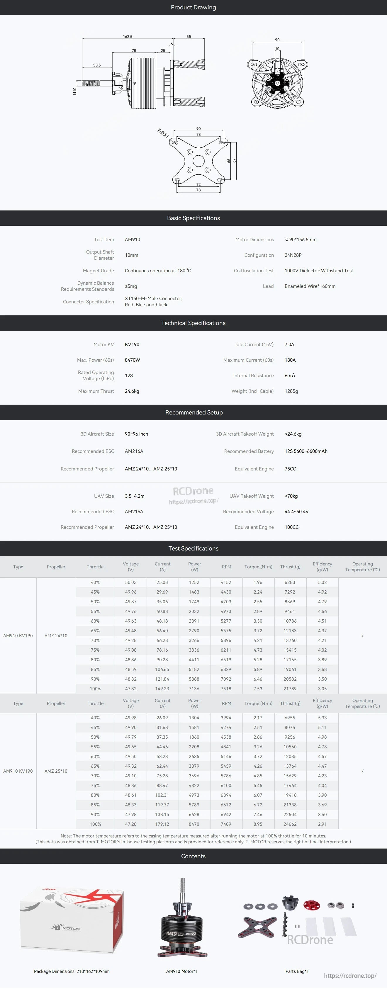 T-Motor AM910 KV190 motor spec sheet with dimension drawings, performance tables, and included parts list